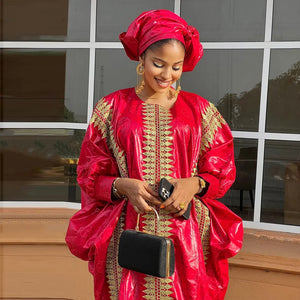 Red Boubou Wedding Dashiki With Gold Embroidery Gown-FrenzyAfricanFashion.com