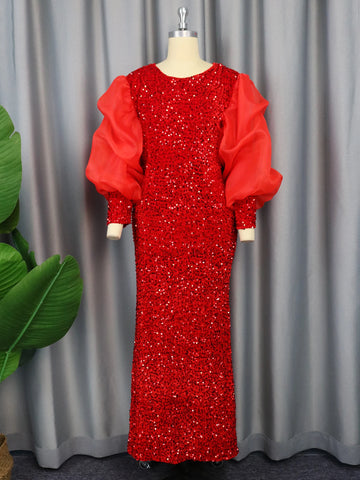 Image of Women Sequin Floor Length Dress Puffy Ruched Long Sleeve Crew Neck Sparkly Glitter Velvet Formal Party Evening Gowns-FrenzyAfricanFashion.com