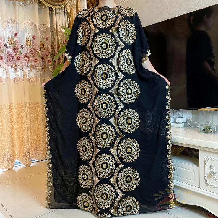 Women Abaya African Embroidery Flower Dress With Scarf-FrenzyAfricanFashion.com