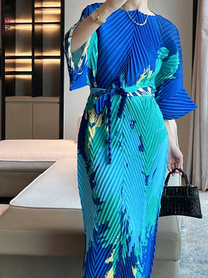 Pleated Dress Color Block Printed Round Neck Batwing Sleeves Holiday Dresses for Women-FrenzyAfricanFashion.com