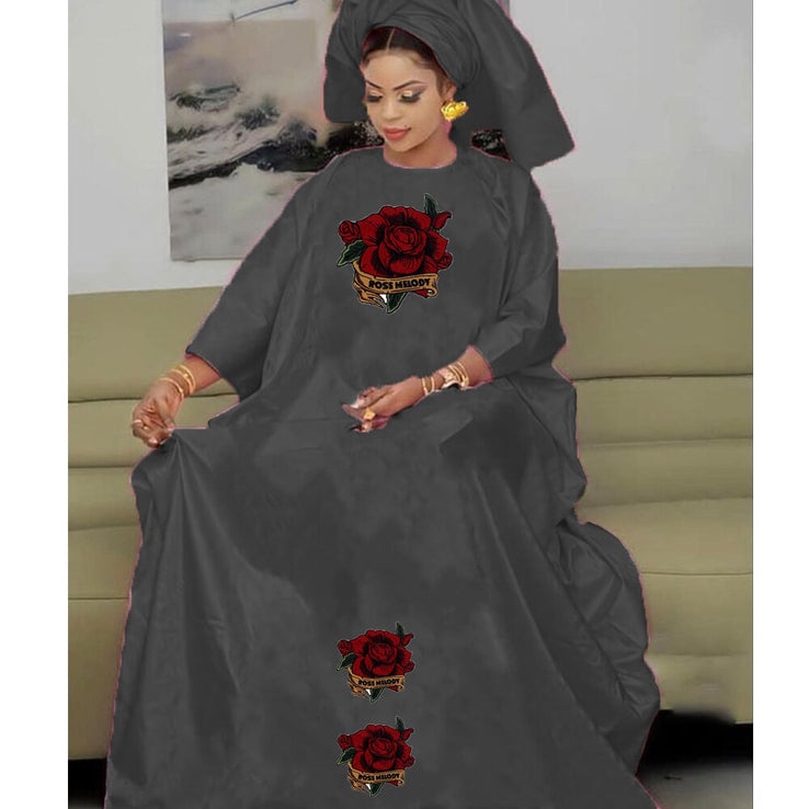 Bazin Dresses With Headscarf Women African Traditional Evening Gowns-FrenzyAfricanFashion.com