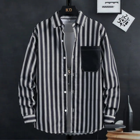 Image of Thin Spring Summer Autumn Men's Clothing Button Turn-down Collar Striped Man Fashion Casual Loose Office Handsome Pockets Shirts-FrenzyAfricanFashion.com