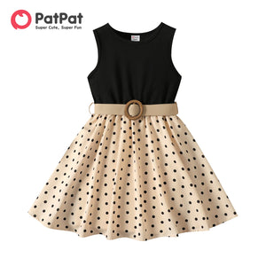 PatPat 2pcs Girl Dresses Kids Clothes Girl Polka Dots Ribbed Girls Splice Sleeveless Dress & Belt-FrenzyAfricanFashion.com