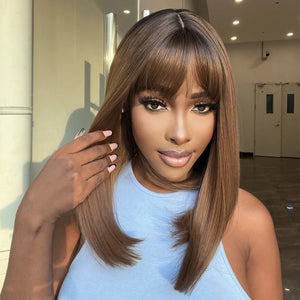 Brown Ombre Synthetic Women Medium Length Wig with Bangs Heat Resistant