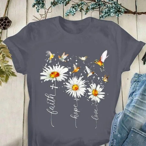 Image of Faith Hope Love Daisy Print T Shirt Women Short Sleeve O Neck Loose-FrenzyAfricanFashion.com