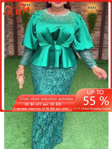 Image of Elegant African Clothes for Women 2 PCS Sets Tops And Skirts Suits Dashiki Ankara Lace Outfits Gown Plus Size Lady Party Dresses-FrenzyAfricanFashion.com