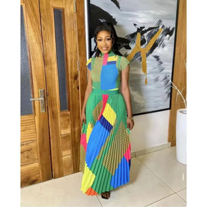 Pleated Geometric Print Corn Pleated Short Sleeve T-Shirt Fashion High Waist Pleated Dress Casual Party Set-FrenzyAfricanFashion.com