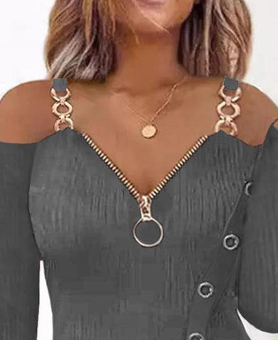 Image of Zip Detail Cold Shoulder Top Elegant Lace Trim Cold Shoulder Chain Strap Top Long Sleeve V-Neck Solid Casual Streetwear Tops-FrenzyAfricanFashion.com