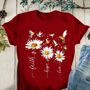 Faith Hope Love Daisy Print T Shirt Women Short Sleeve O Neck Loose