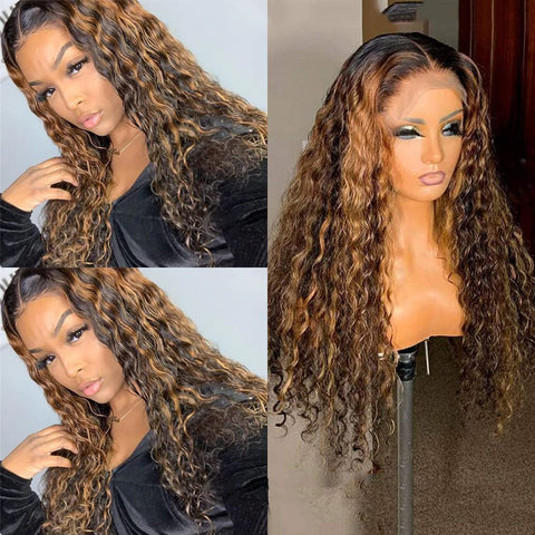 Image of Lace Front Wig Curly Human Hair Women Brown Remy Brazilian 13X1 Wave-FrenzyAfricanFashion.com