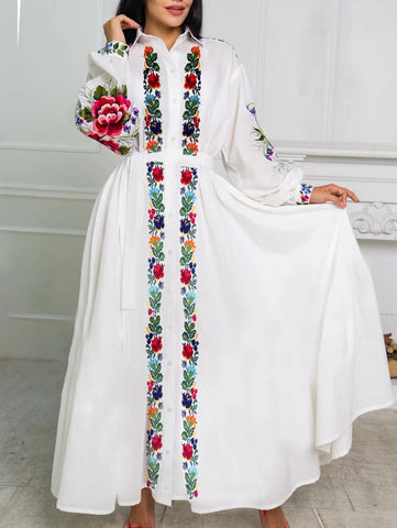 Image of Plus Size Shirt Dress Women Long Sleeve Floral Print Buttoned Tunic Elegant Casual Midi Dress Turn Down Collar White Dress-FrenzyAfricanFashion.com