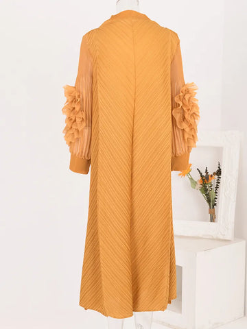 Image of Maxi Pleated Dress Round Neck Spliced Full Sleeve Dresses For Women-FrenzyAfricanFashion.com