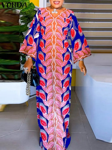 Image of Women Autumn Maxi Long Dress Sexy V Neck Party Dress Boho Sleeve Loose Robe-FrenzyAfricanFashion.com