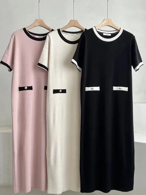 French Style Knit Dress Women O-neck Contrast Color Short Sleeve Casual Midi Long Dresses-FrenzyAfricanFashion.com