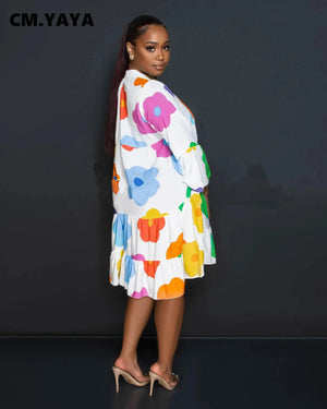 Women Floral Printed Lantern Long Sleeve Single Breasted Loose Shirt Style Babydoll Dress