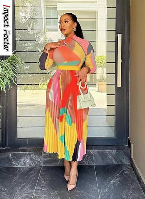 Two-Piece Set Pleated Long Sleeve Round Neck Long Sleeve T-shirt and High Waist Skirt Mid Length-FrenzyAfricanFashion.com