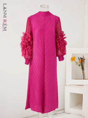 Maxi Pleated Dress Round Neck Spliced Full Sleeve Dresses For Women-FrenzyAfricanFashion.com