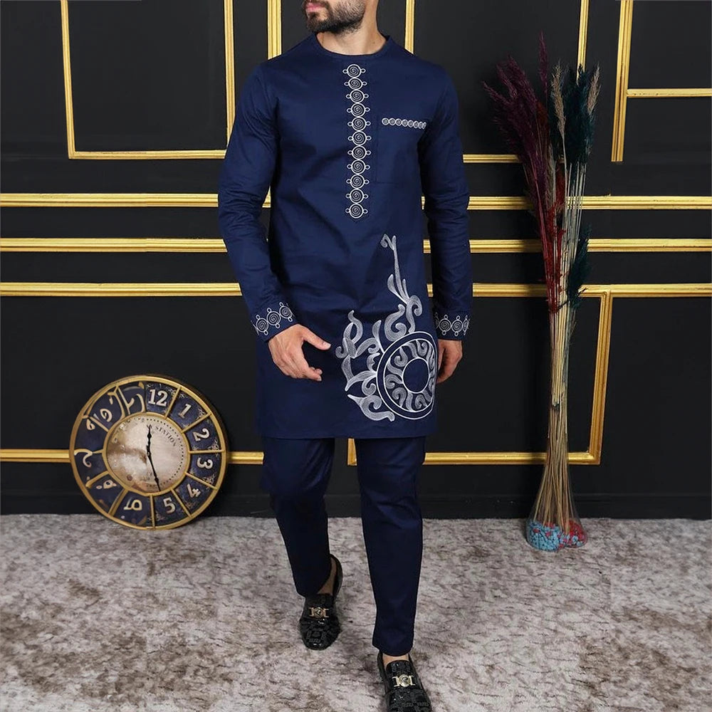 African Men's Printed Top And Trousers Suit Wedding Dress Casual Slim Suit-FrenzyAfricanFashion.com
