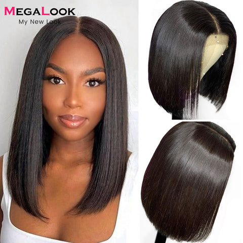 Image of MEGALOOK Short Bob Wig Human Hair Wigs For Women Transparent Lace Wig Pre Plucked Virgin T Part Bob Lace Human Hair Wigs 180%-FrenzyAfricanFashion.com