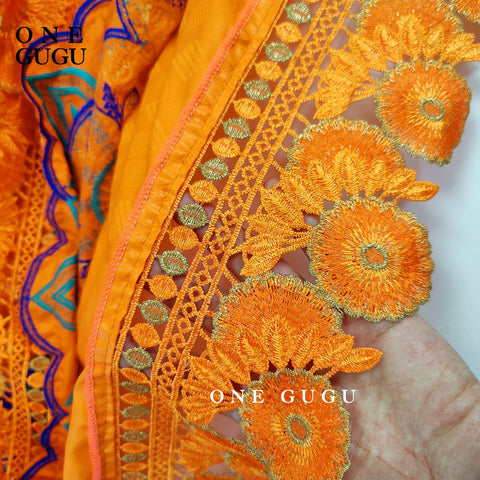 Image of New Nigerian Original Bazin Dress Dashiki Brocade Embroiderey Basin Clothing 2022 Orange Mali Women Robe Wedding Party Dresses-FrenzyAfricanFashion.com