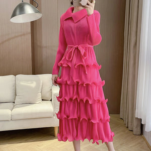 French Long Sleeve Lapel Ruffle Dress Belt Pleated Fashion Loose Clothing-FrenzyAfricanFashion.com