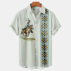 Men Vintage Ethnic Hawaiian 3D Print Short Sleeve Lapel Button Streetwear