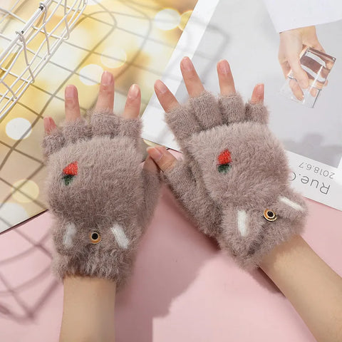 Image of Fashion Women Plush Warm Glove Fur Rabbit Cat Mittens Flip Fingerless Gloves Soft Girls Thick Gloves Flexible Half Finger Winter-FrenzyAfricanFashion.com