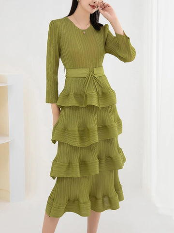 Image of Women Pleated Mid Dress Solid Color Ruffles Party Wedding-FrenzyAfricanFashion.com