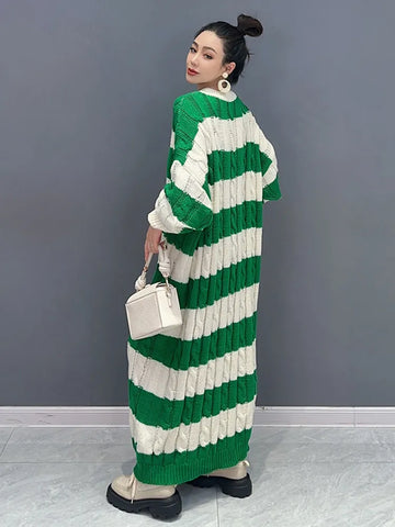 Image of Striped Knit Dress For Women O-neck Full Sleeve Loose-FrenzyAfricanFashion.com