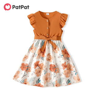 PatPat Girl Kids Dress Girl Dresses for Very Elegant Party Ruffled Floral Print Splice Belted Flutter-sleeve Dress Girl Clothing-FrenzyAfricanFashion.com
