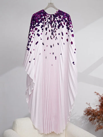 Image of Pleated Dress For Women Fashion Printed Round Neck Batwing Sleeves Elegant Dresses Female Clothing-FrenzyAfricanFashion.com