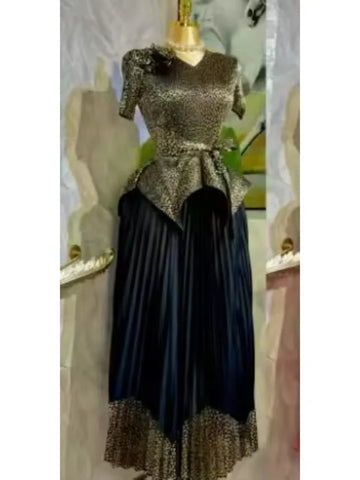 Image of 2025 Spring New Fashion Casual Suit Women's Bronzing Bud V-neck Top High Waist Long Skirt Two-piece Set-FrenzyAfricanFashion.com