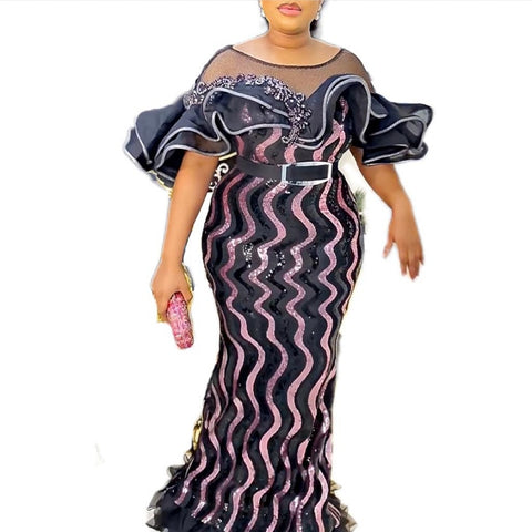 Image of African Wedding Party Dresses for Women Spring Autumn African Women Sequined Short Sleeve Long Dress Dashiki African Dresses-FrenzyAfricanFashion.com