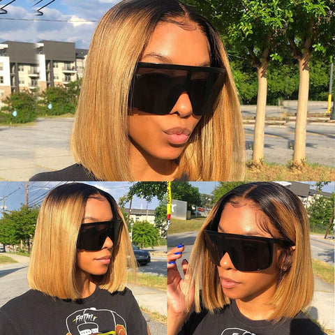 Image of Straight Bob Pixie Cut Wig Remy 4x4 Lace Closure Wig Pre Plucked 13x4x1 Lace Front Wig Brown Ombre Human Hair Wigs for Women-FrenzyAfricanFashion.com
