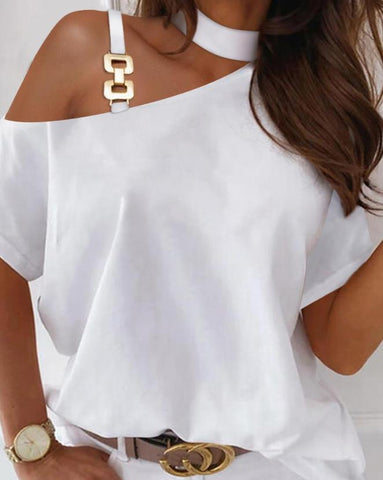 Image of Metal Decorative Cold Shoulder Women&#39;s Top 2023 Summer Fashion White T-shirt Casual T-shirt-FrenzyAfricanFashion.com