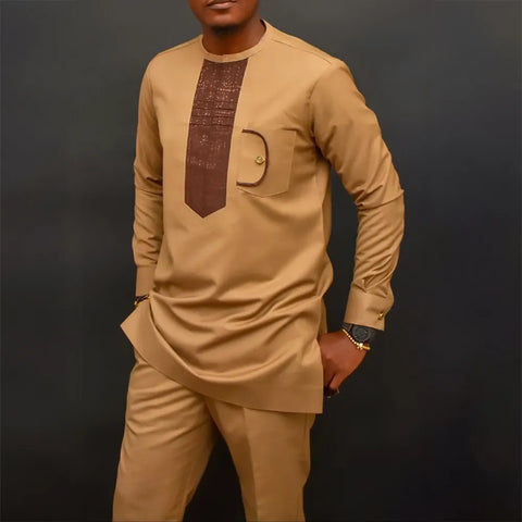 Image of Men's Elegant Long Sleeve Suit Shirt Pants 2-piece Solid Color Party Long Sleeve African Ethnic Style-FrenzyAfricanFashion.com