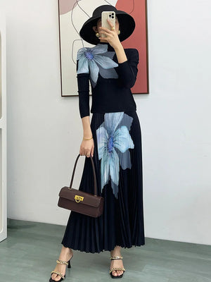 Elegant Fashion Printed Pleated 2 Pieces Set Women Turtleneck Slim Tops With High Waist Mid Length Skirts