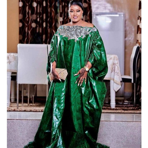 Image of Green African Dresses For Women Bazin Riche Robe Original Basin For Wedding Party Newest Clothing Nigeria Tradition Bride Dress-FrenzyAfricanFashion.com