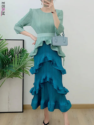 Color Block Patchwork Pleated Dress Women Elegant Round Neck Long Sleeves Belt Dresses-FrenzyAfricanFashion.com
