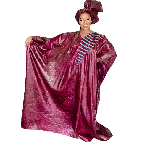 Image of African Plu Size Dresses For Women Bazin Riche Emboridered Free Floor Length Dress Scarf-FrenzyAfricanFashion.com