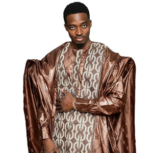 African Clothing Men Traditional Bazin Riche Embroidery Design Top Long Sleeve 3 Piece Set-FrenzyAfricanFashion.com