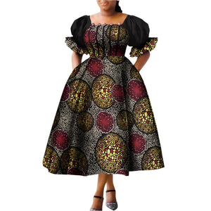 Women Puff Sleeve High Waist Ankara African Princess Dress Robe