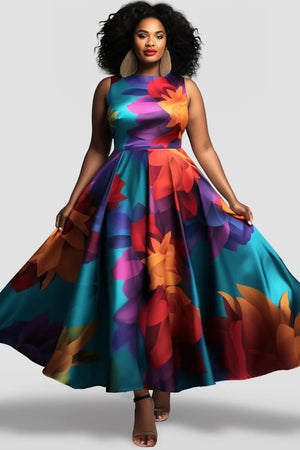 Multicolored Floral Printed Tank Dress for Women Round Neck Pleated A-Line Vintage Casual Elegant Ethnic Sleeveless Long Dress-FrenzyAfricanFashion.com