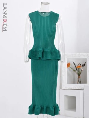 LANMREM Summer Pleated 2 Pieces Set For Women Round Neck Sleeveless Thin Tops High Elastic Waist Skirts Casual 2023 New 32D281-FrenzyAfricanFashion.com