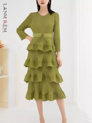 Women Pleated Mid Dress Solid Color Ruffles Party Wedding-FrenzyAfricanFashion.com