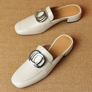 Plus size 34-41 women's genuine leather square toe slip-on flats summer mules metal buckle decoration casual female sandals shoe