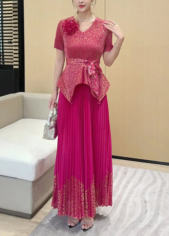 Image of 2025 Spring New Fashion Casual Suit Women's Bronzing Bud V-neck Top High Waist Long Skirt Two-piece Set-FrenzyAfricanFashion.com