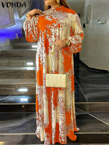 Image of Summer Maxi Dress Women Floral Printed Party Dresses Lantern Sleeve Sundress Bohemian-FrenzyAfricanFashion.com