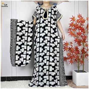 Women Short Sleeve Cotton Loose Dress Boubou Maxi Dresses With Scarf-FrenzyAfricanFashion.com
