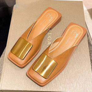 Women Slippers Mules Flat Heels Square Toe Shallow Shoes Outdoor Slide Casual Sandal-FrenzyAfricanFashion.com